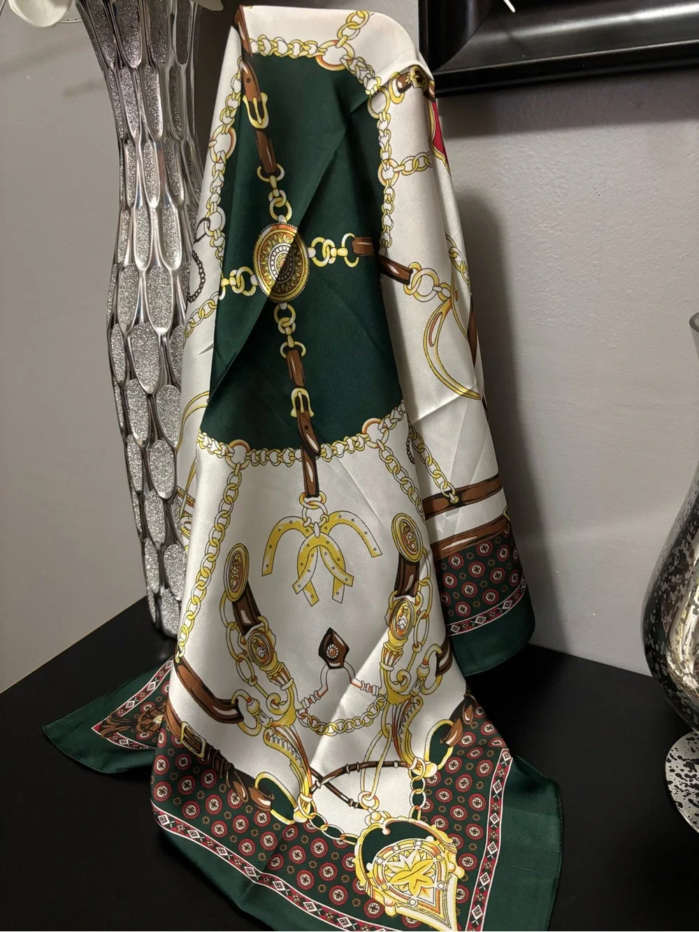 Green & White Chain Print Silk Feel Scarf